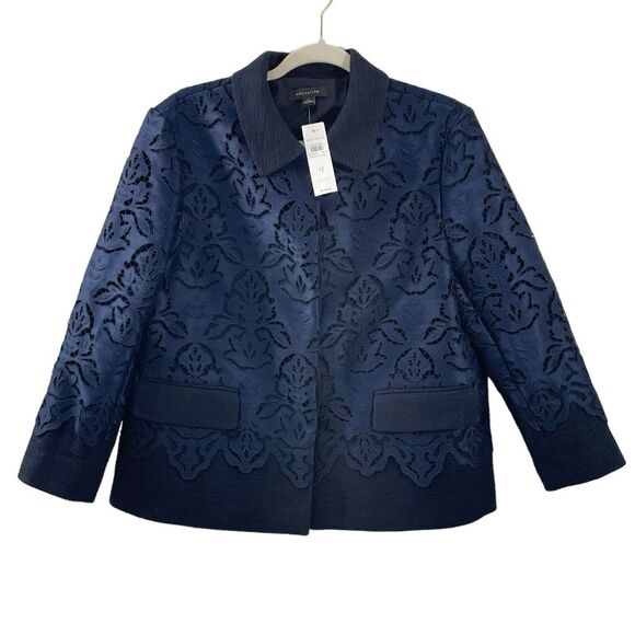 NWT Ann Taylor Navy Blue Damask Lace Collared Blazer Jacket Size 12 Coat - Picture 1 of 9